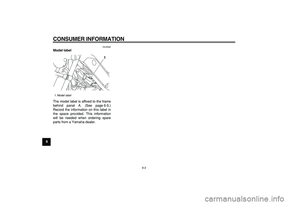 YAMAHA TRICKER 250 2005 Manual PDF
CONSUMER INFORMATION
9-2
1
2
3
4
5
6
7
8
9
EAU36980
Model label
The model label is affixed to the frame
behind panel A. (See page 6-5.)
Record the information on this label in
the space provi YAMAHA TRICKER 250 2005 Manual PDF
CONSUMER INFORMATION
9-2
1
2
3
4
5
6
7
8
9
EAU36980
Model label
The model label is affixed to the frame
behind panel A. (See page 6-5.)
Record the information on this label in
the space provi