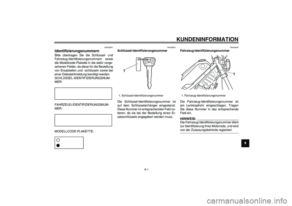 YAMAHA TRICKER 250 2005 Betriebsanleitungen (in German)
9-1
2
3
4
5
6
7
8
9
KUNDENINFORMATION
GAU26351
Identifizierungsnummern
Bitte übertragen Sie die Schlüssel- und
Fahrzeug-Identifizierungsnummern sowie
die Modellcode-Plakette in die dafür v YAMAHA TRICKER 250 2005 Betriebsanleitungen (in German)
9-1
2
3
4
5
6
7
8
9
KUNDENINFORMATION
GAU26351
Identifizierungsnummern
Bitte übertragen Sie die Schlüssel- und
Fahrzeug-Identifizierungsnummern sowie
die Modellcode-Plakette in die dafür v