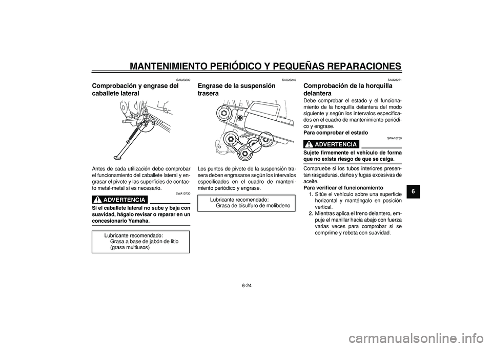 YAMAHA TRICKER 250 2005 Manuale de Empleo (in Spanish)
MANTENIMIENTO PERIÓDICO Y PEQUEÑAS REPARACIONES
6-24
2
3
4
5
67
8
9
SAU23200
Comprobación y engrase del
caballete lateral
Antes de cada utilización debe comprobar
el funcionamiento del c YAMAHA TRICKER 250 2005 Manuale de Empleo (in Spanish)
MANTENIMIENTO PERIÓDICO Y PEQUEÑAS REPARACIONES
6-24
2
3
4
5
67
8
9
SAU23200
Comprobación y engrase del
caballete lateral
Antes de cada utilización debe comprobar
el funcionamiento del c
