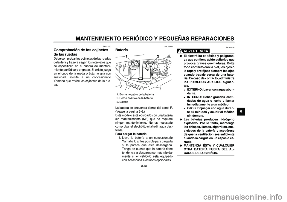 YAMAHA TRICKER 250 2005 Manuale de Empleo (in Spanish)
MANTENIMIENTO PERIÓDICO Y PEQUEÑAS REPARACIONES
6-26
2
3
4
5
67
8
9
SAU23290
Comprobación de los cojinetes
de las ruedas
Debe comprobar los cojinetes de las ruedas
delantera y trasera seg YAMAHA TRICKER 250 2005 Manuale de Empleo (in Spanish)
MANTENIMIENTO PERIÓDICO Y PEQUEÑAS REPARACIONES
6-26
2
3
4
5
67
8
9
SAU23290
Comprobación de los cojinetes
de las ruedas
Debe comprobar los cojinetes de las ruedas
delantera y trasera seg