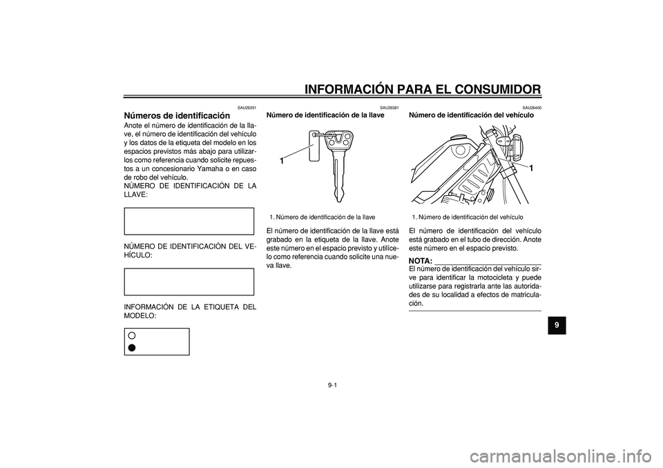 YAMAHA TRICKER 250 2005  Manuale de Empleo (in Spanish)  
9-1 
2
3
4
5
6
7
8
9
 
INFORMACIÓN PARA EL CONSUMIDOR 
SAU26351 
Números de identificación  
Anote el número de identificación de la lla-
ve, el número de identificación del vehículo
y los d
