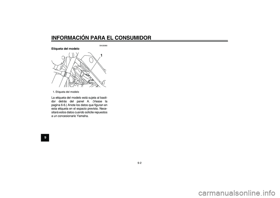 YAMAHA TRICKER 250 2005  Manuale de Empleo (in Spanish)  
INFORMACIÓN PARA EL CONSUMIDOR 
9-2 
1
2
3
4
5
6
7
8
9
 
SAU36980 
Etiqueta del modelo  
La etiqueta del modelo está sujeta al basti-
dor detrás del panel A. (Vease la
pagina 6-6.) Anote los dato