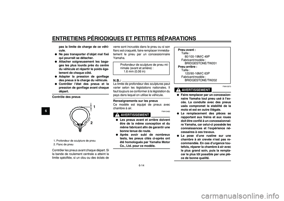 YAMAHA TRICKER 250 2005  Notices Demploi (in French)  
ENTRETIENS PÉRIODIQUES ET PETITES RÉPARATIONS 
6-14 
1
2
3
4
5
6
7
8
9
 
pas la limite de charge de ce véhi-
cule. 
 
Ne pas transporter d’objet mal fixé
qui pourrait se détacher. 
 
Attach