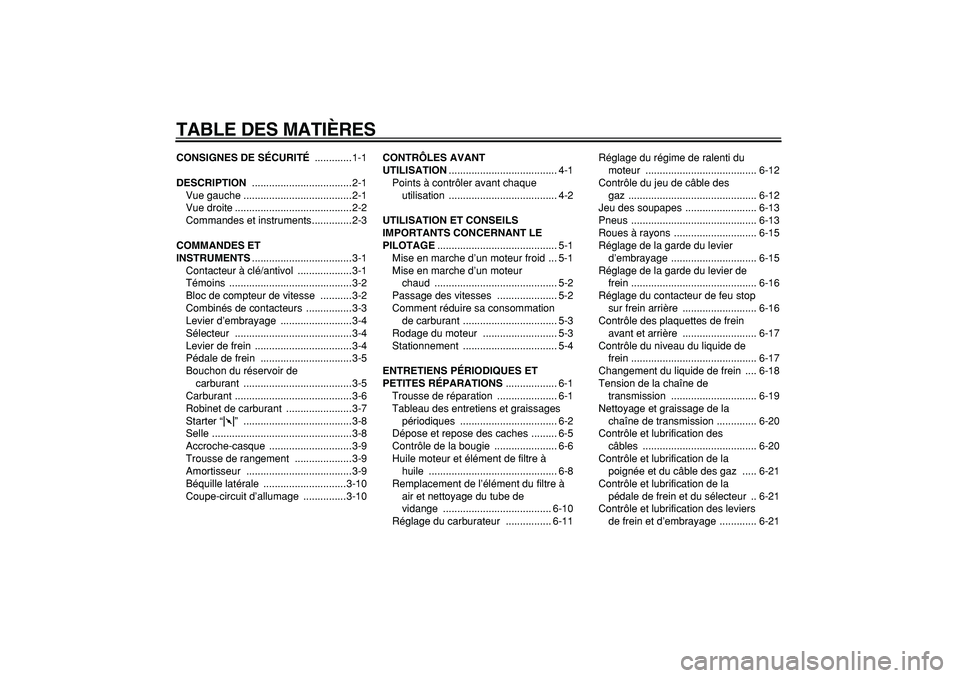 YAMAHA TRICKER 250 2005  Notices Demploi (in French)  
TABLE DES MATIÈRES 
CONSIGNES DE SÉCURITÉ 
 .............1-1 
DESCRIPTION 
 ...................................2-1
Vue gauche ......................................2-1
Vue droite ................