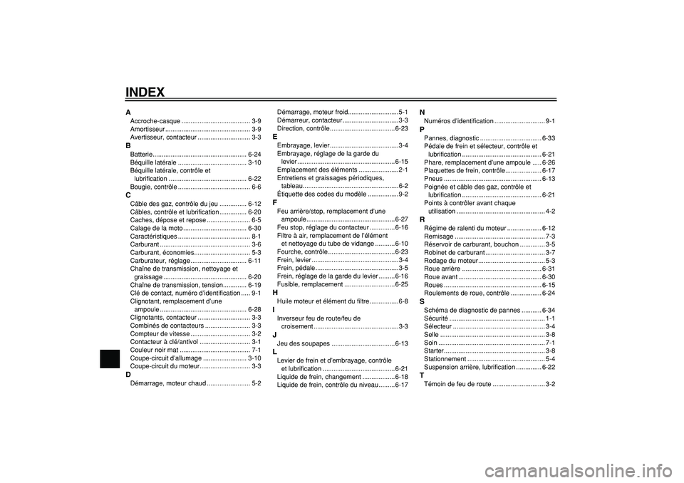 YAMAHA TRICKER 250 2005  Notices Demploi (in French)  
INDEX 
A 
Accroche-casque ...................................... 3-9
Amortisseur ............................................... 3-9
Avertisseur, contacteur ............................. 3-3 
B 
Bat