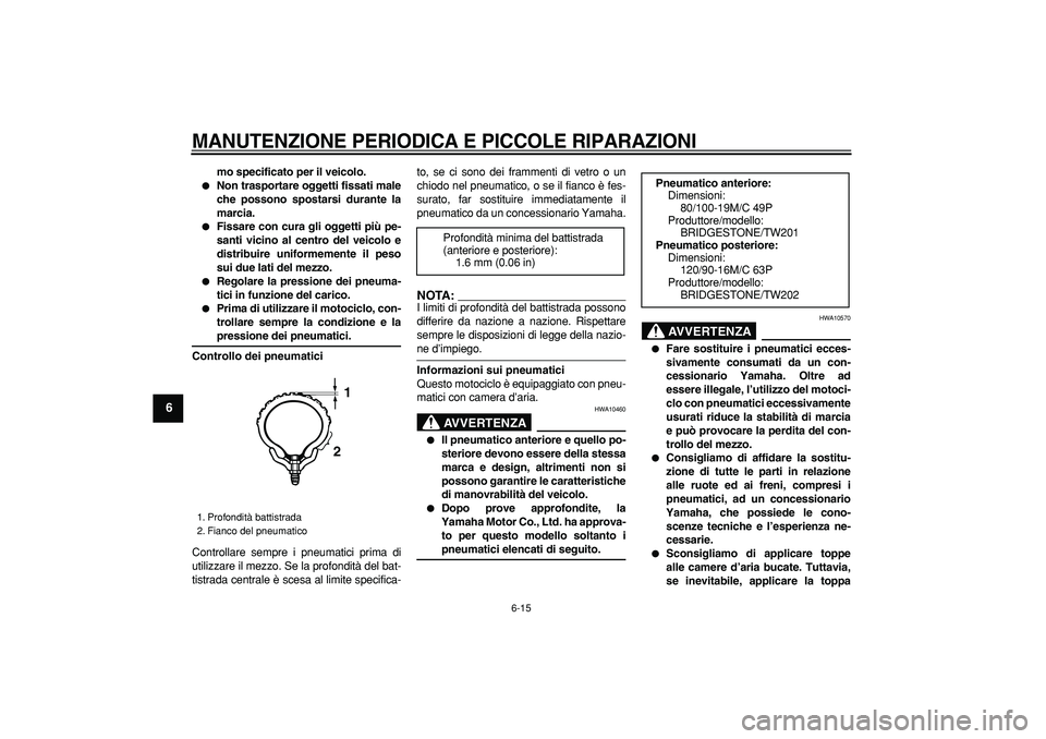 YAMAHA TRICKER 250 2005  Manuale duso (in Italian)  
MANUTENZIONE PERIODICA E PICCOLE RIPARAZIONI
 
6-15 
1
2
3
4
5
6
7
8
9
 
mo specificato per il veicolo. 
 
Non trasportare oggetti fissati male
che possono spostarsi durante la
marcia. 
 
Fissare 