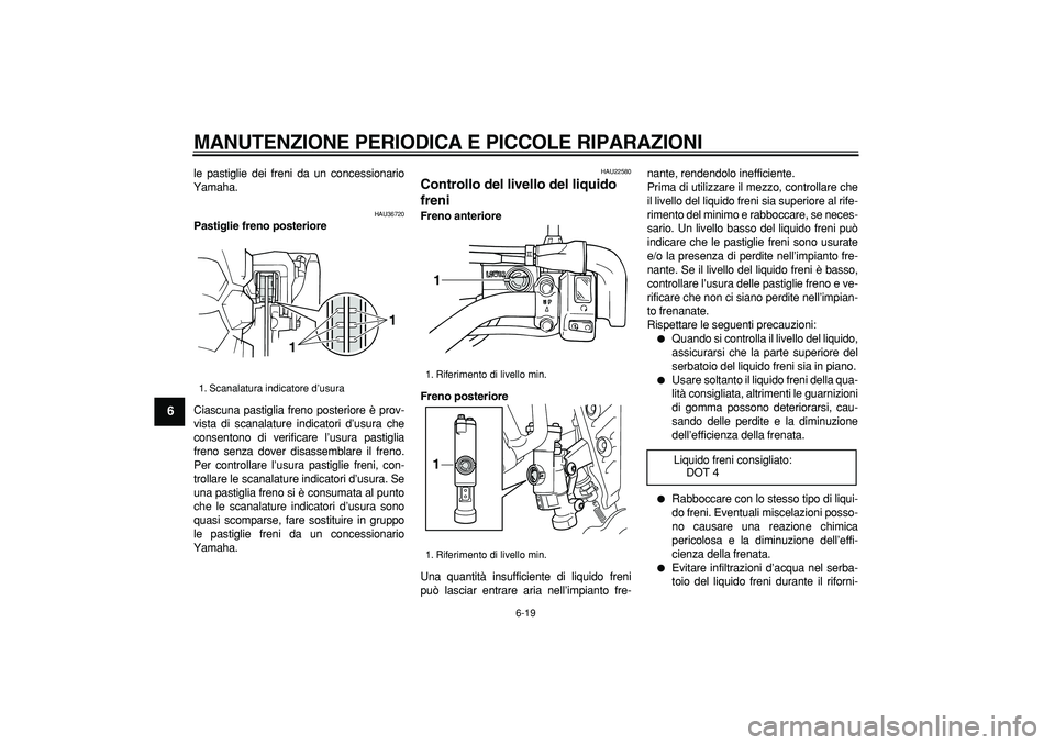 YAMAHA TRICKER 250 2005 Manuale duso (in Italian)
MANUTENZIONE PERIODICA E PICCOLE RIPARAZIONI
6-19
1
2
3
4
5
6
7
8
9
le pastiglie dei freni da un concessionario
Yamaha.
HAU36720
Pastiglie freno posteriore
Ciascuna pastiglia freno posterior YAMAHA TRICKER 250 2005 Manuale duso (in Italian)
MANUTENZIONE PERIODICA E PICCOLE RIPARAZIONI
6-19
1
2
3
4
5
6
7
8
9
le pastiglie dei freni da un concessionario
Yamaha.
HAU36720
Pastiglie freno posteriore
Ciascuna pastiglia freno posterior