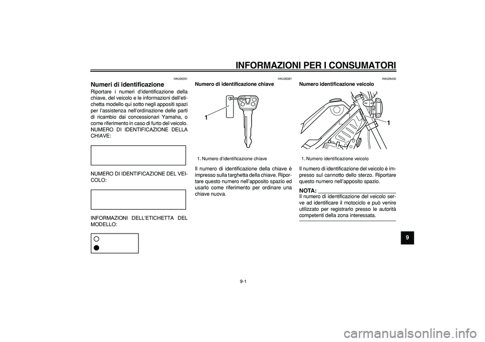 YAMAHA TRICKER 250 2005  Manuale duso (in Italian)  
9-1 
2
3
4
5
6
7
8
9
 
INFORMAZIONI PER I CONSUMATORI
 
HAU26351 
Numeri di identificazione  
Riportare i numeri d’identificazione della
chiave, del veicolo e le informazioni dell’eti-
chetta mo