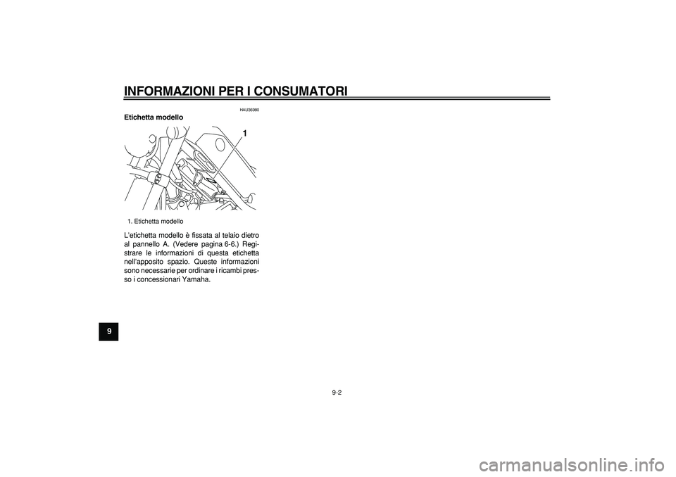 YAMAHA TRICKER 250 2005  Manuale duso (in Italian)  
INFORMAZIONI PER I CONSUMATORI
 
9-2 
1
2
3
4
5
6
7
8
9
 
HAU36980 
Etichetta modello  
L’etichetta modello è fissata al telaio dietro
al pannello A. (Vedere pagina 6-6.) Regi-
strare le informaz