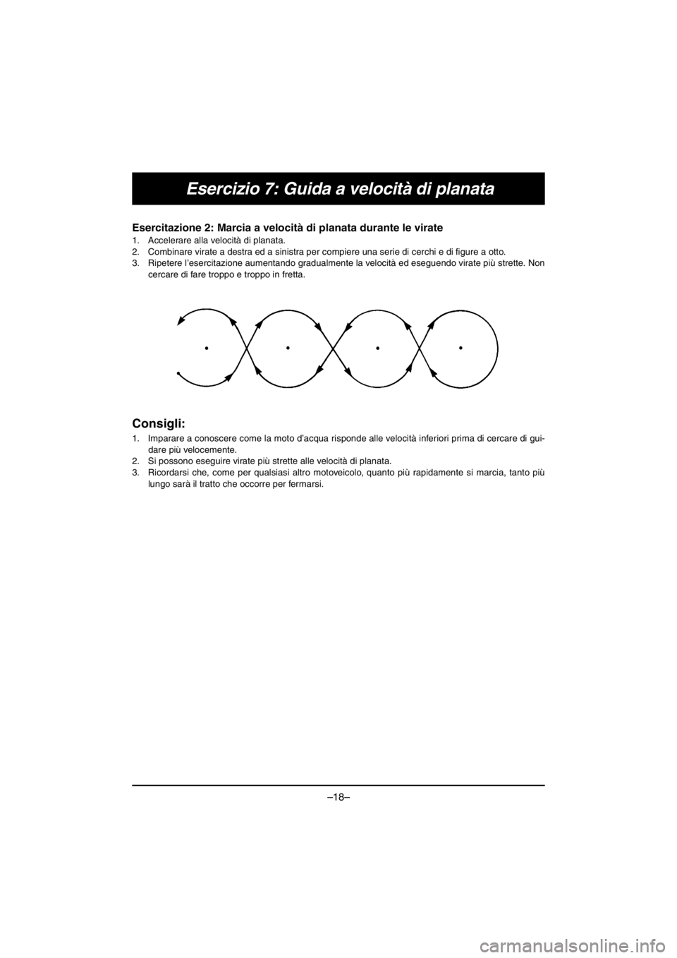 YAMAHA V1 2016  Manuale duso (in Italian) –18–
Esercizio 7: Guida a velocità di planata
Esercitazione 2: Marcia a velocità di planata durante le virate 
1. Accelerare alla velocità di planata. 
2. Combinare virate a destra ed a sinistr