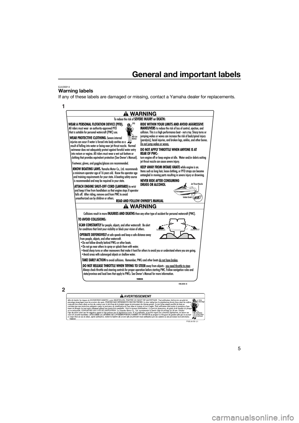 YAMAHA V1 2015 User Guide General and important labels
5
EJU35914Warning labels
If any of these labels are damaged or missing, contact a Yamaha dealer for replacements.
1
2
UF2P72E0.book  Page 5  Tuesday, August 26, 2014  10:0