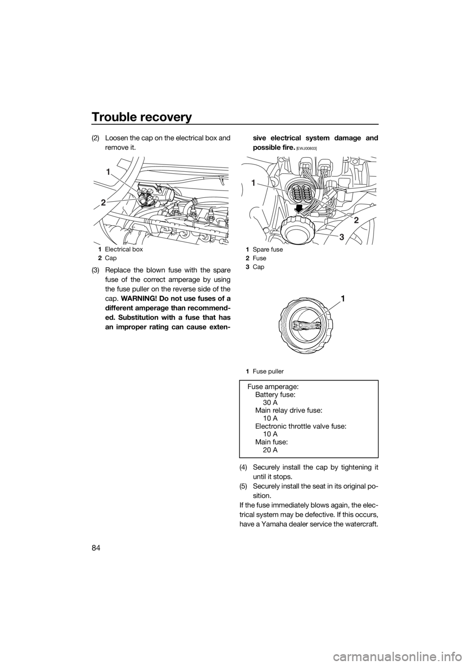 YAMAHA V1 2015  Owners Manual Trouble recovery
84
(2) Loosen the cap on the electrical box and
remove it.
(3) Replace the blown fuse with the spare
fuse of the correct amperage by using
the fuse puller on the reverse side of the
c