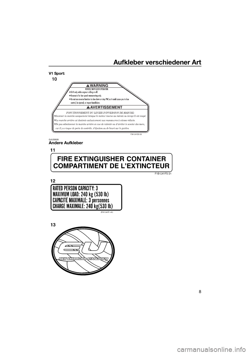 YAMAHA V1 2015 Betriebsanleitungen (in German) Aufkleber verschiedener Art
8
V1 Sport:
GJU35926Andere Aufkleber
F3K-U41D5-30
10
UF2P72G0.book Page 8 Tuesday, August 19, 2014 10:59 AM YAMAHA V1 2015 Betriebsanleitungen (in German) Aufkleber verschiedener Art
8
V1 Sport:
GJU35926Andere Aufkleber
F3K-U41D5-30
10
UF2P72G0.book Page 8 Tuesday, August 19, 2014 10:59 AM