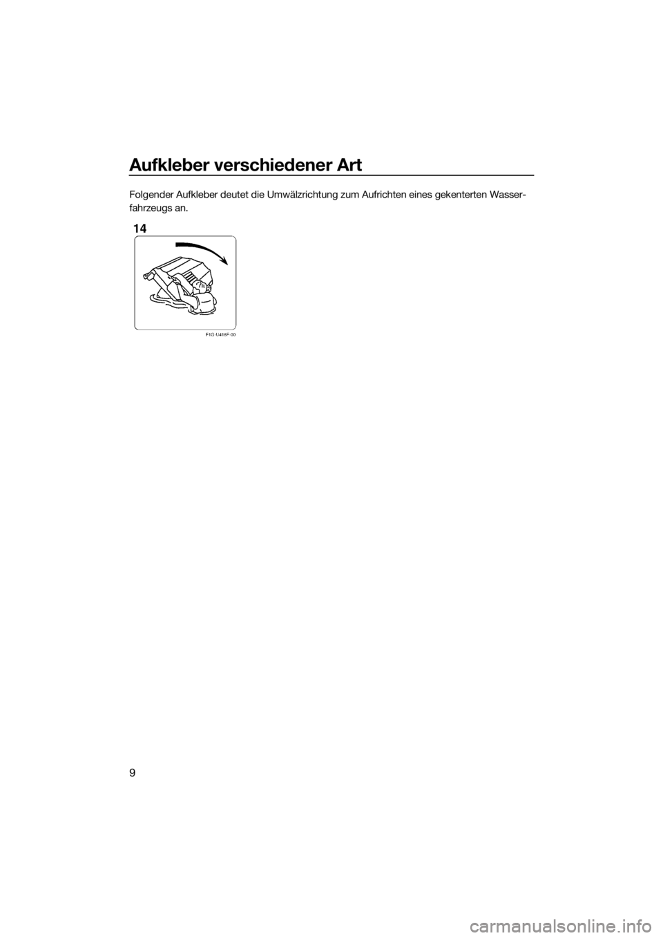 YAMAHA V1 2015 Betriebsanleitungen (in German) Aufkleber verschiedener Art
9
Folgender Aufkleber deutet die Umwälzrichtung zum Aufrichten eines gekenterten Wasser-
fahrzeugs an.
UF2P72G0.book Page 9 Tuesday, August 19, 2014 10:59 AM YAMAHA V1 2015 Betriebsanleitungen (in German) Aufkleber verschiedener Art
9
Folgender Aufkleber deutet die Umwälzrichtung zum Aufrichten eines gekenterten Wasser-
fahrzeugs an.
UF2P72G0.book Page 9 Tuesday, August 19, 2014 10:59 AM