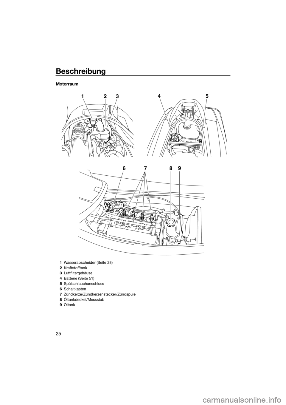 YAMAHA V1 2015  Betriebsanleitungen (in German) Beschreibung
25
Motorraum
6
789
12
345
1Wasserabscheider (Seite 28)
2Kraftstofftank
3Luftfiltergehäuse
4Batterie (Seite 51)
5Spülschlauchanschluss
6Schaltkasten
7Zündkerze/Zündkerzenstecker/Zünds