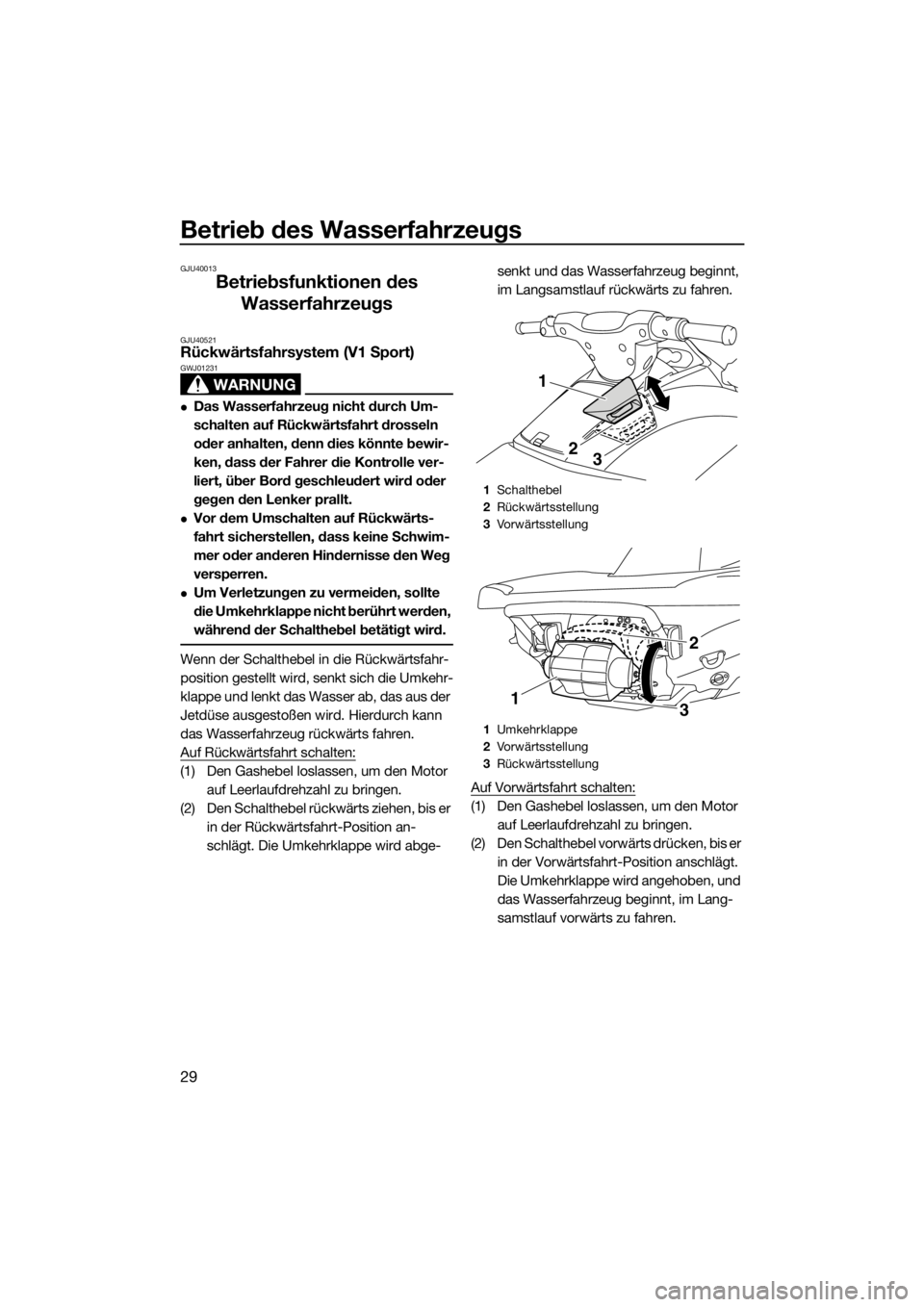 YAMAHA V1 2015 Betriebsanleitungen (in German) Betrieb des Wasserfahrzeugs
29
GJU40013
Betriebsfunktionen des
Wasserfahrzeugs
GJU40521Rückwärtsfahrsystem (V1 Sport)
WARNUNG
GWJ01231
Das Wasserfahrzeug nicht durch Um-
schalten auf Rückwärts YAMAHA V1 2015 Betriebsanleitungen (in German) Betrieb des Wasserfahrzeugs
29
GJU40013
Betriebsfunktionen des
Wasserfahrzeugs
GJU40521Rückwärtsfahrsystem (V1 Sport)
WARNUNG
GWJ01231
Das Wasserfahrzeug nicht durch Um-
schalten auf Rückwärts