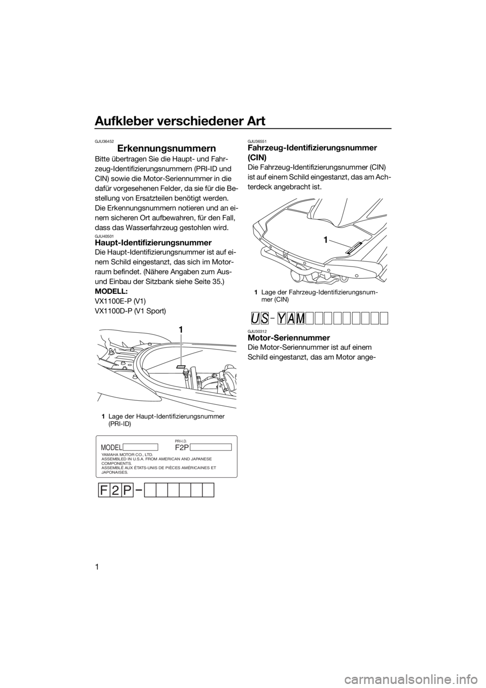 YAMAHA V1 2015 Betriebsanleitungen (in German) Aufkleber verschiedener Art
1
GJU36452
Erkennungsnummern
Bitte übertragen Sie die Haupt- und Fahr-
zeug-Identifizierungsnummern (PRI-ID und
CIN) sowie die Motor-Seriennummer in die
dafür vorgesehe YAMAHA V1 2015 Betriebsanleitungen (in German) Aufkleber verschiedener Art
1
GJU36452
Erkennungsnummern
Bitte übertragen Sie die Haupt- und Fahr-
zeug-Identifizierungsnummern (PRI-ID und
CIN) sowie die Motor-Seriennummer in die
dafür vorgesehe