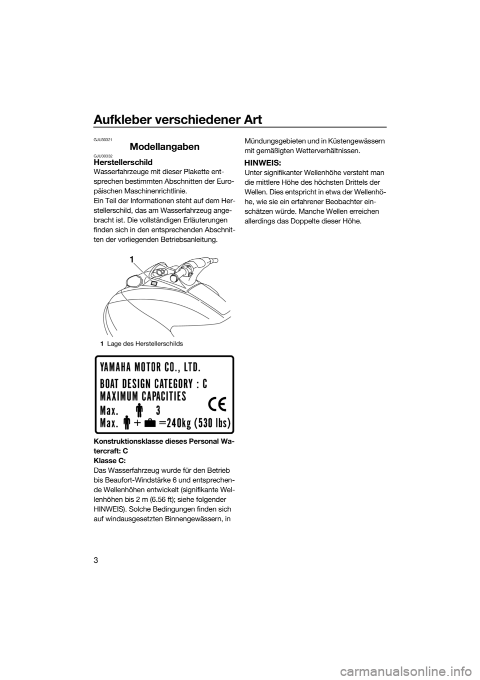YAMAHA V1 2015 Betriebsanleitungen (in German) Aufkleber verschiedener Art
3
GJU30321
ModellangabenGJU30332Herstellerschild
Wasserfahrzeuge mit dieser Plakette ent-
sprechen bestimmten Abschnitten der Euro-
päischen Maschinenrichtlinie.
Ein Teil YAMAHA V1 2015 Betriebsanleitungen (in German) Aufkleber verschiedener Art
3
GJU30321
ModellangabenGJU30332Herstellerschild
Wasserfahrzeuge mit dieser Plakette ent-
sprechen bestimmten Abschnitten der Euro-
päischen Maschinenrichtlinie.
Ein Teil