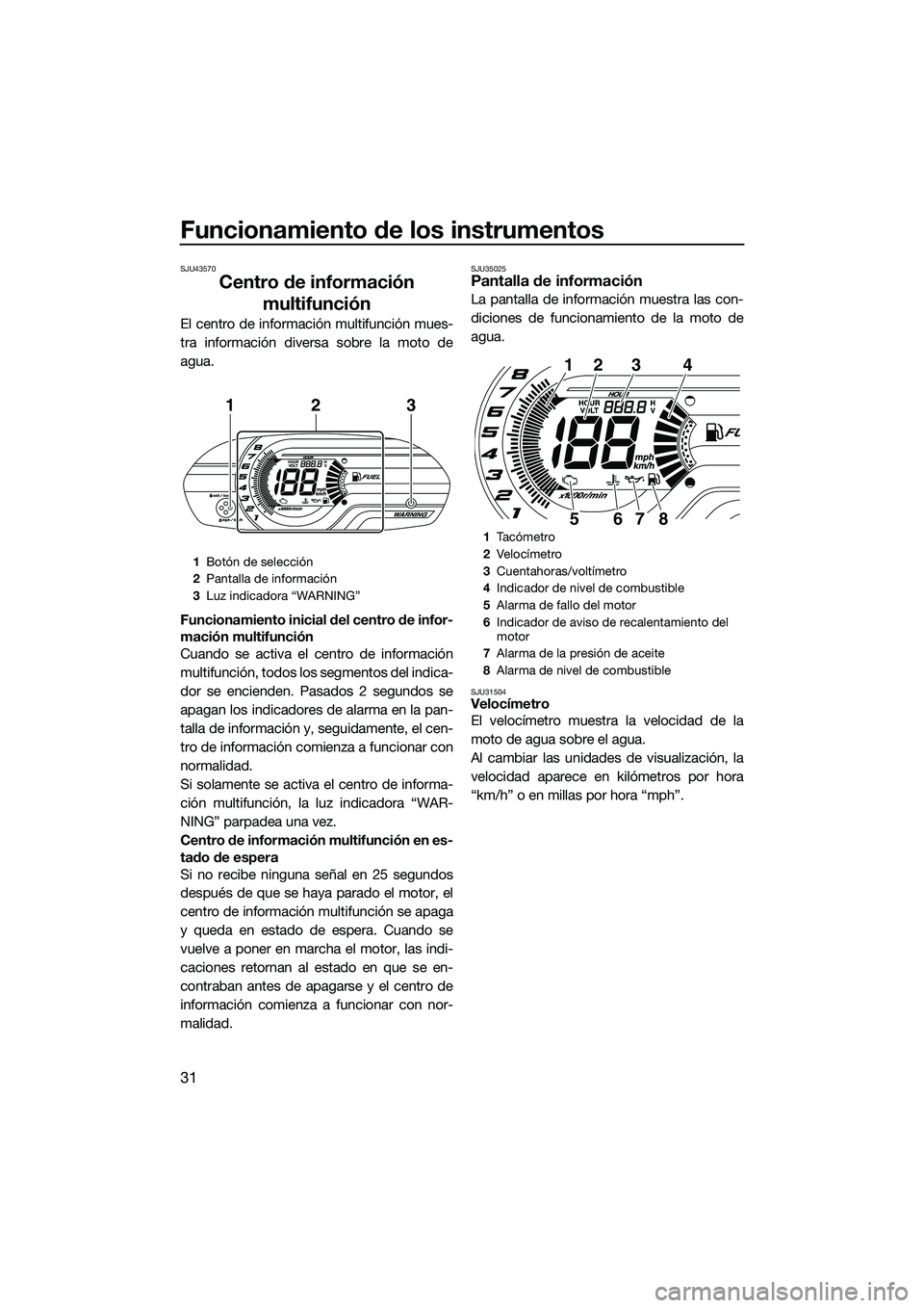 YAMAHA V1 2015  Manuale de Empleo (in Spanish) Funcionamiento de los instrumentos
31
SJU43570
Centro de información multifunción
El centro de información multifunción mues-
tra información diversa sobre la moto de
agua.
Funcionamiento inicial