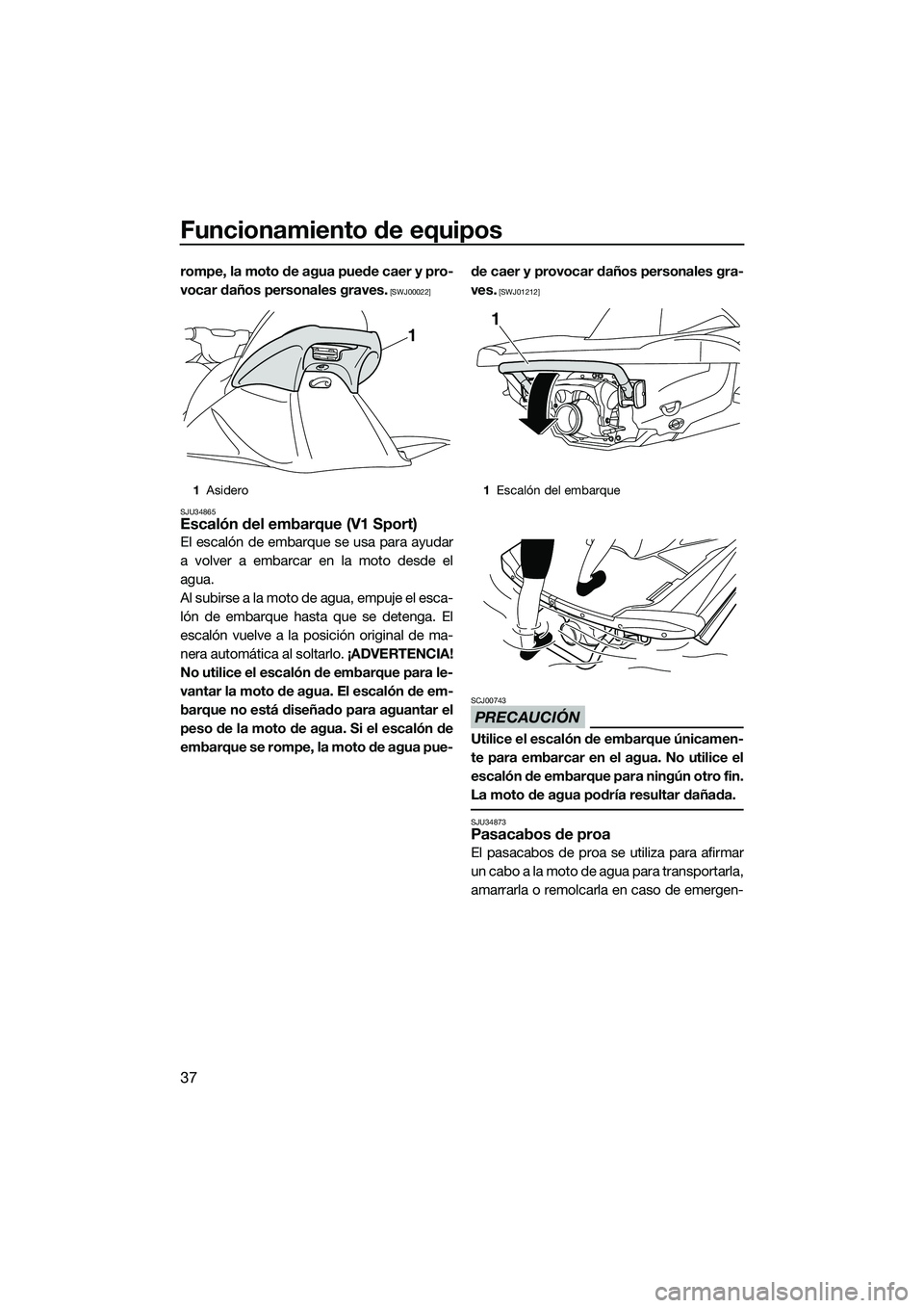 YAMAHA V1 SPORT 2015  Manuale de Empleo (in Spanish) Funcionamiento de equipos
37
rompe, la moto de agua puede caer y pro-
vocar daños personales graves.
 [SWJ00022]
SJU34865
Escalón del embarque (V1 Sport)
El escalón de embarque se usa para ayudar
a
