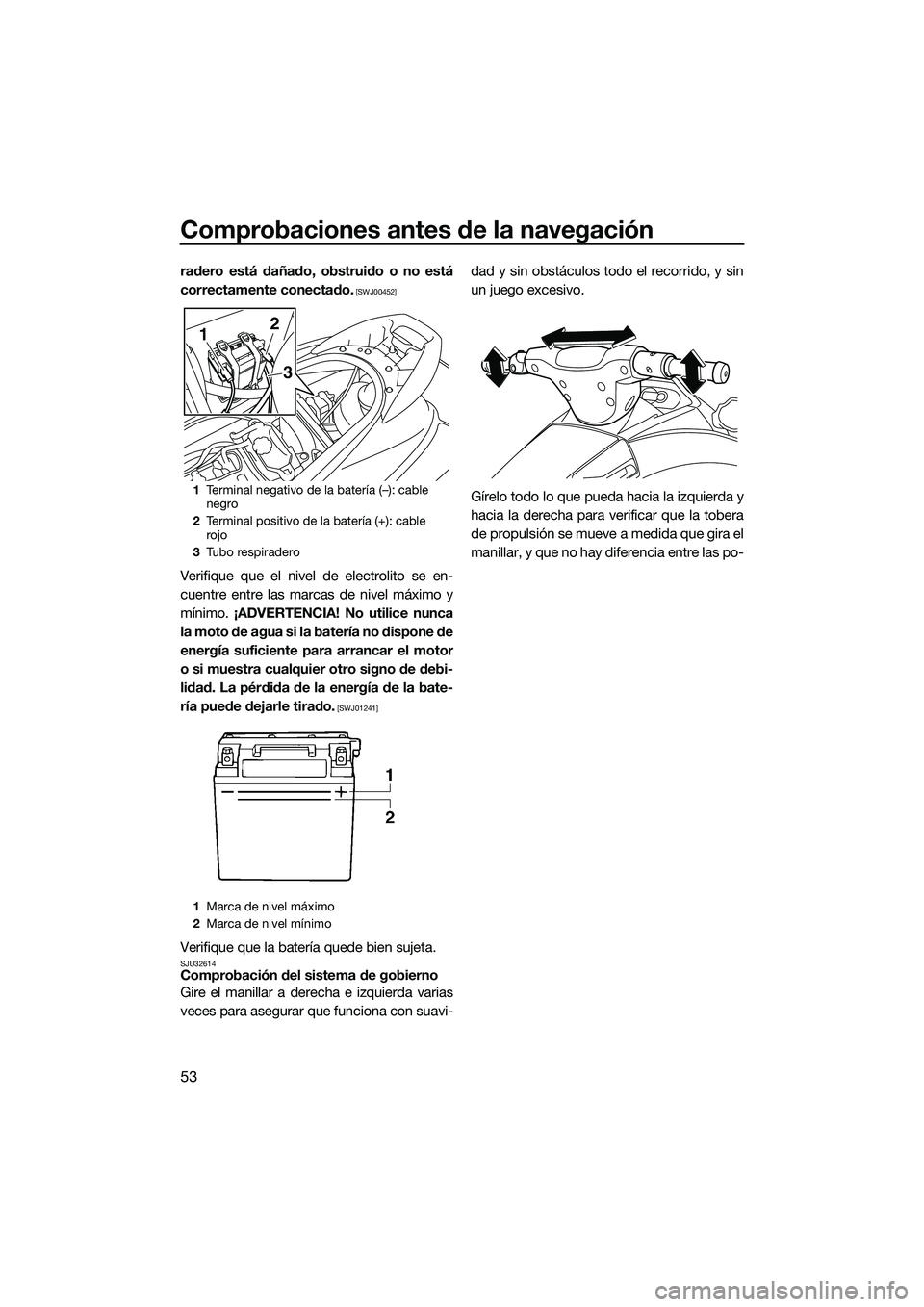YAMAHA V1 SPORT 2015  Manuale de Empleo (in Spanish) Comprobaciones antes de la navegación
53
radero está dañado, obstruido o no está
correctamente conectado.
 [SWJ00452]
Verifique que el nivel de electrolito se en-
cuentre entre las marcas de nivel