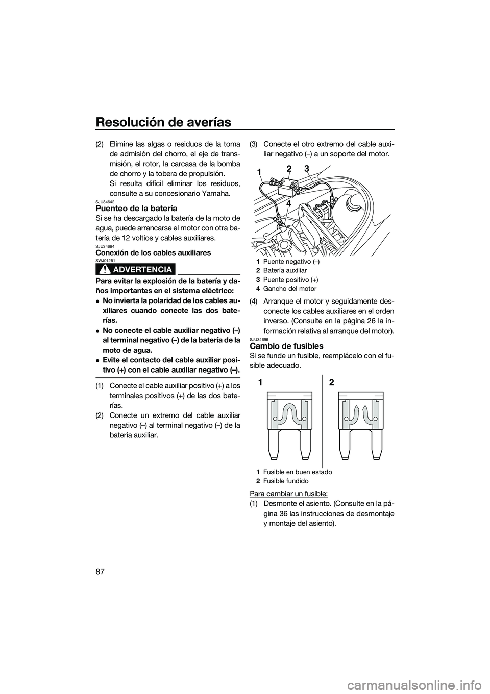 YAMAHA V1 SPORT 2015  Manuale de Empleo (in Spanish) Resolución de averías
87
(2) Elimine las algas o residuos de la tomade admisión del chorro, el eje de trans-
misión, el rotor, la carcasa de la bomba
de chorro y la tobera de propulsión.
Si resul