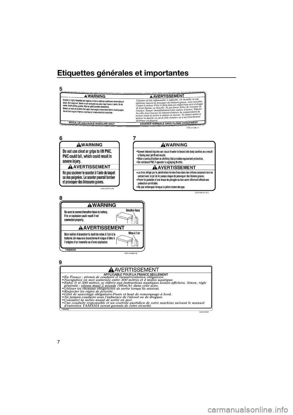 YAMAHA V1 SPORT 2015  Notices Demploi (in French) Etiquettes générales et importantes
7
UF2P72F0.book  Page 7  Tuesday, August 19, 2014  11:04 AM 