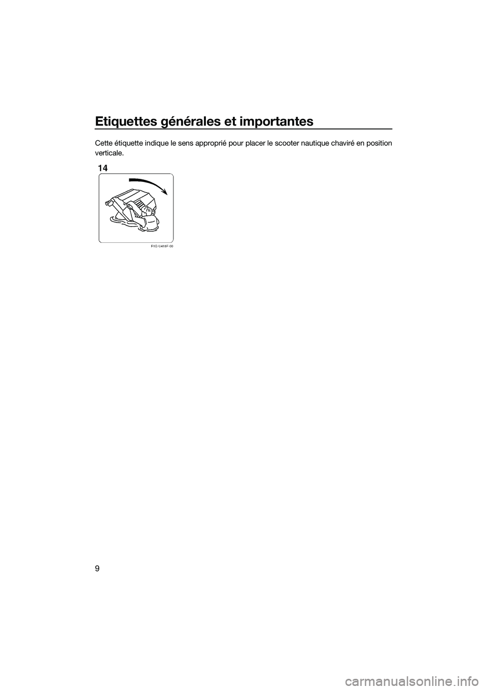 YAMAHA V1 2015  Notices Demploi (in French) Etiquettes générales et importantes
9
Cette étiquette indique le sens approprié pour placer le scooter nautique chaviré en position
verticale.
UF2P72F0.book  Page 9  Tuesday, August 19, 2014  11: