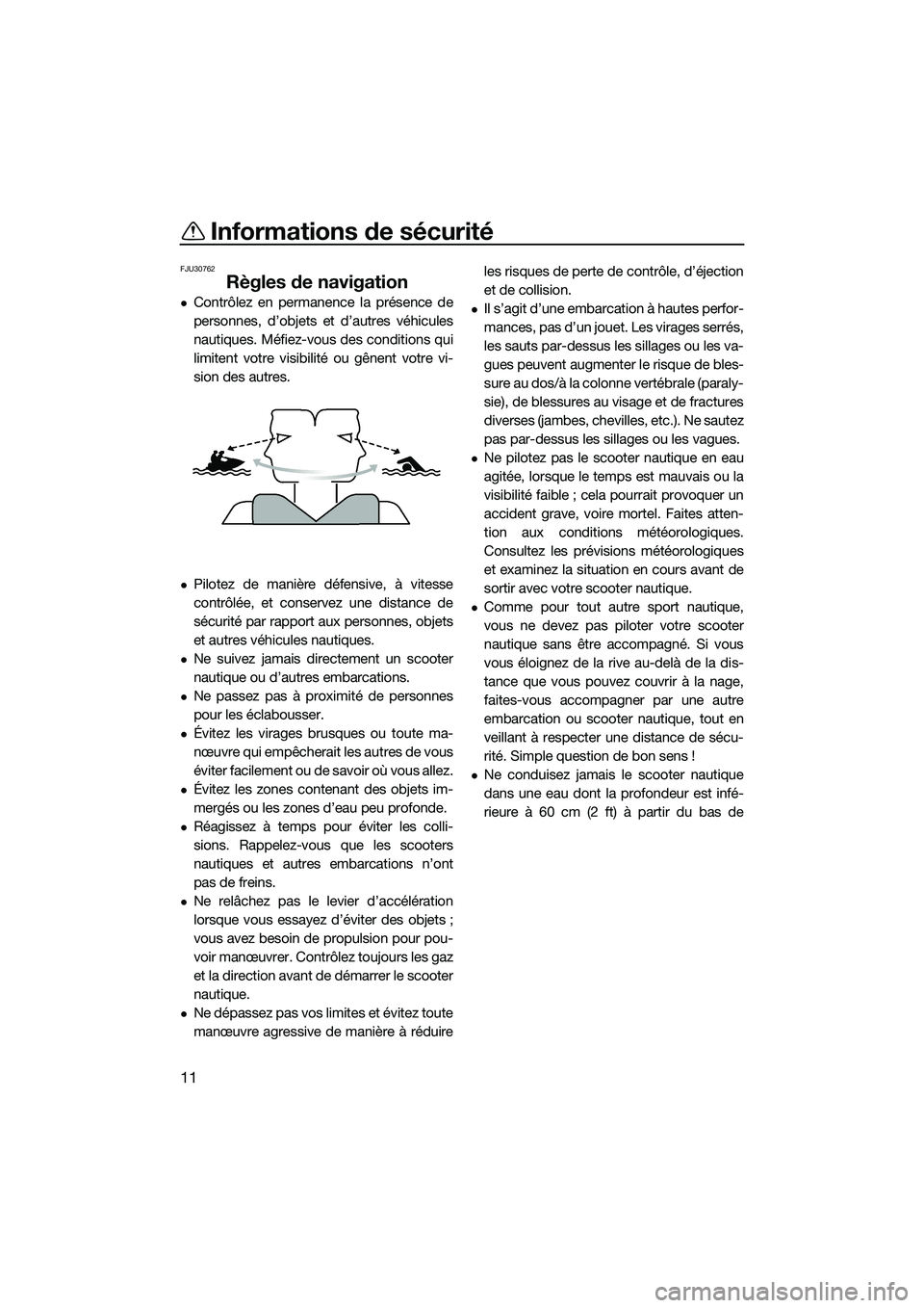 YAMAHA V1 SPORT 2015  Notices Demploi (in French) Informations de sécurité
11
FJU30762
Règles de navigation
Contrôlez en permanence la présence de
personnes, d’objets et d’autres véhicules
nautiques. Méfiez-vous des conditions qui
limit