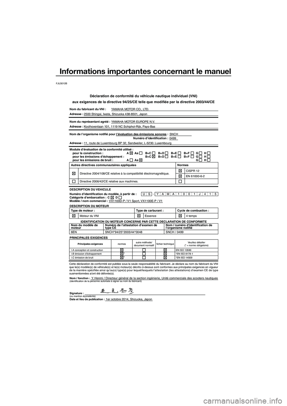 YAMAHA V1 SPORT 2015 Notices Demploi (in French) Informations importantes concernant le manuel
FJU3012B
Déclaration de conformité du véhicule nautique individuel (VNI)
aux exigences de la directive 94/25/CE telle que modifiée par la directive 20 YAMAHA V1 SPORT 2015 Notices Demploi (in French) Informations importantes concernant le manuel
FJU3012B
Déclaration de conformité du véhicule nautique individuel (VNI)
aux exigences de la directive 94/25/CE telle que modifiée par la directive 20