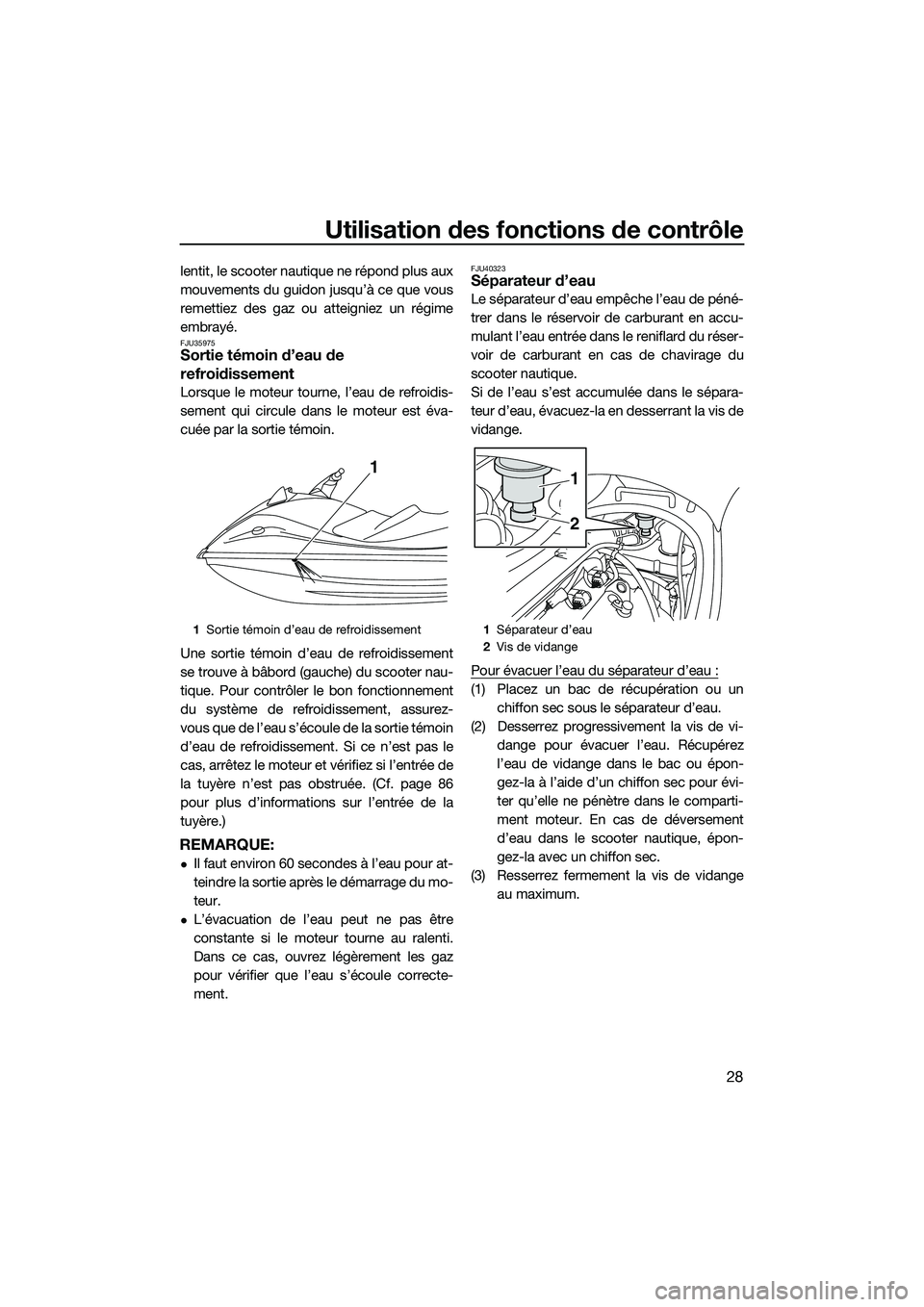 YAMAHA V1 2015  Notices Demploi (in French) Utilisation des fonctions de contrôle
28
lentit, le scooter nautique ne répond plus aux
mouvements du guidon jusqu’à ce que vous
remettiez des gaz ou atteigniez un régime
embrayé.
FJU35975Sorti