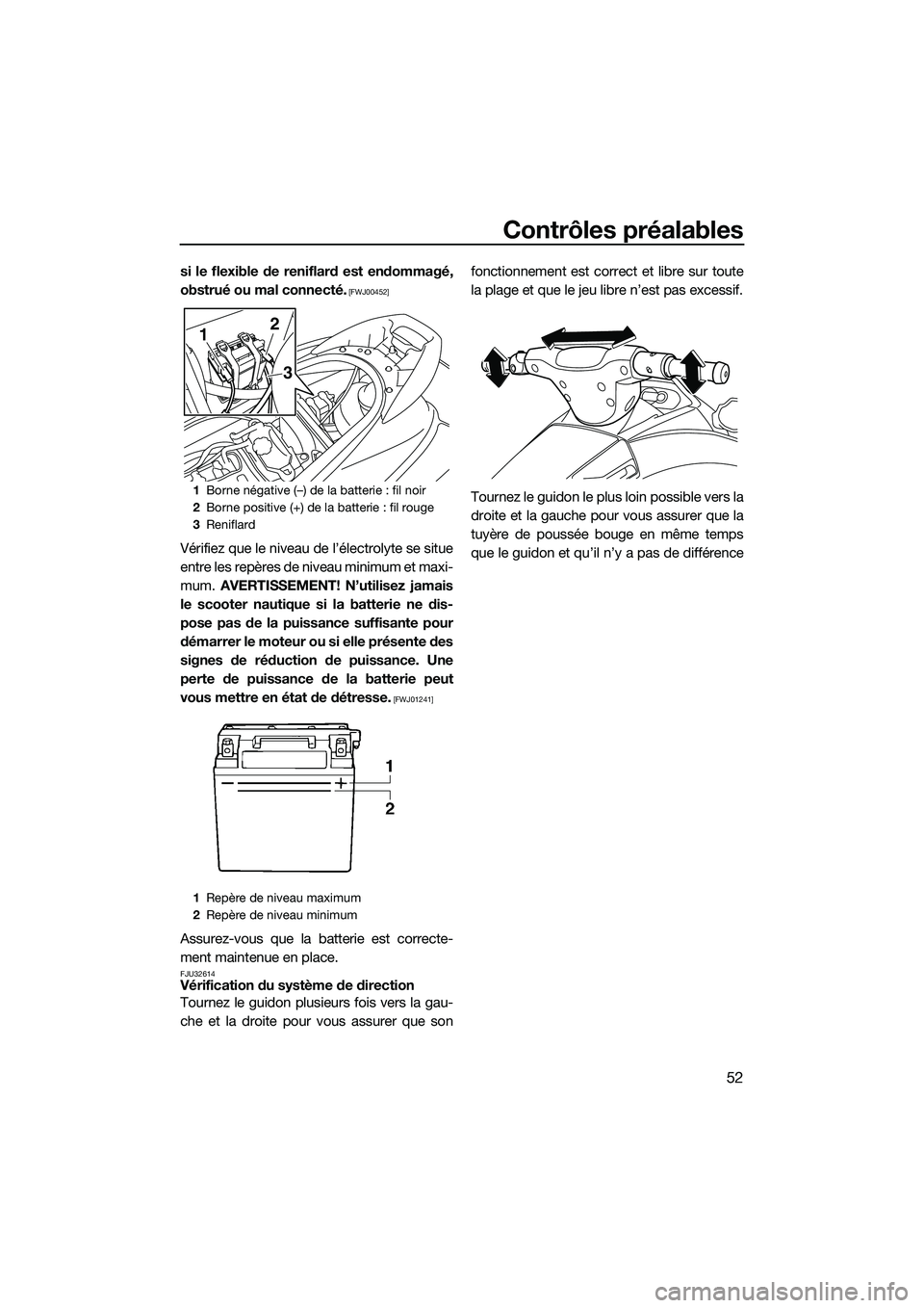 YAMAHA V1 2015  Notices Demploi (in French) Contrôles préalables
52
si le flexible de reniflard est endommagé,
obstrué ou mal connecté.
 [FWJ00452]
Vérifiez que le niveau de l’électrolyte se situe
entre les repères de niveau minimum e