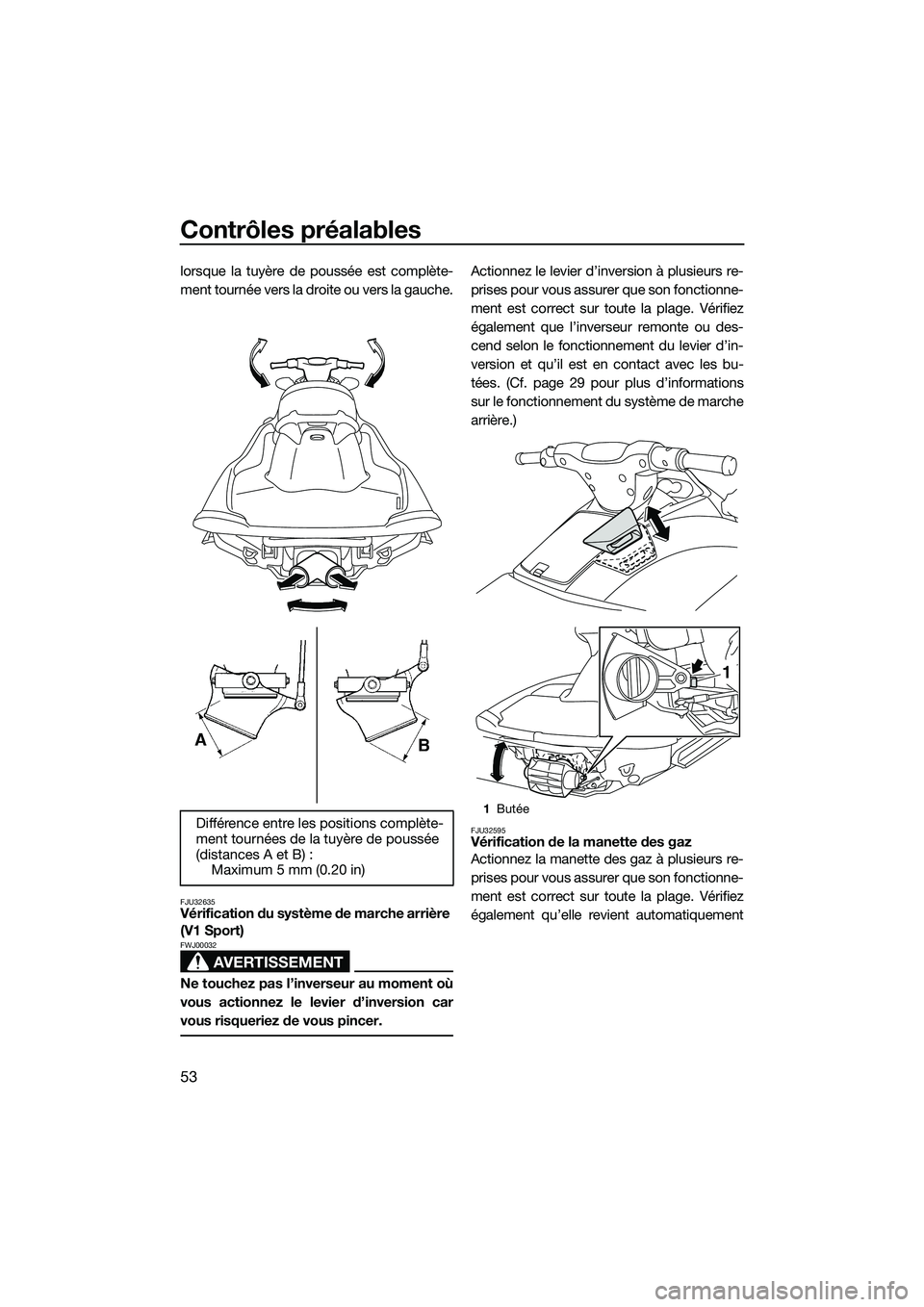 YAMAHA V1 2015  Notices Demploi (in French) Contrôles préalables
53
lorsque la tuyère de poussée est complète-
ment tournée vers la droite ou vers la gauche.
FJU32635Vérification du système de marche arrière 
(V1 Sport)
AVERTISSEMENT
F