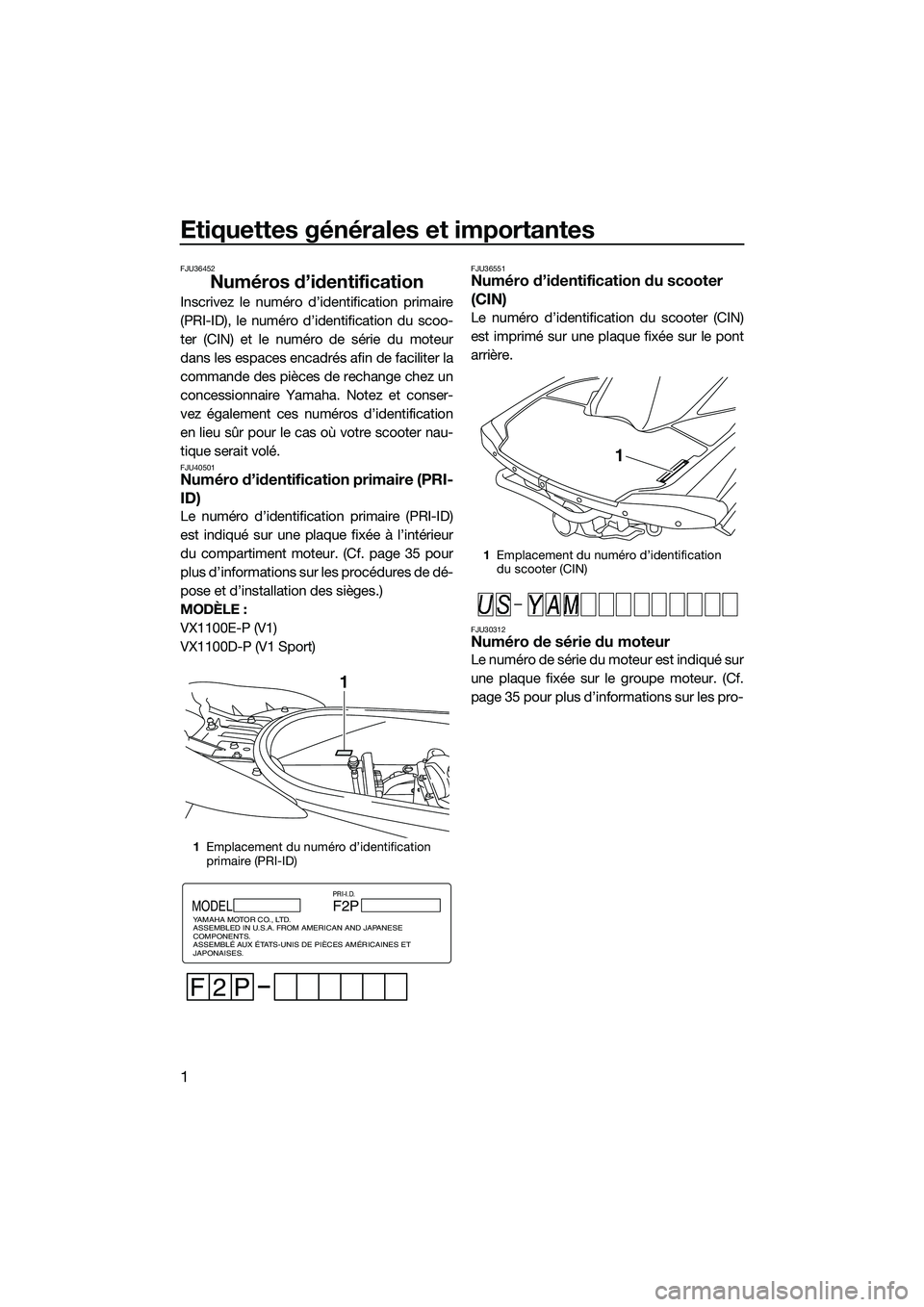 YAMAHA V1 SPORT 2015 Notices Demploi (in French) Etiquettes générales et importantes
1
FJU36452
Numéros d’identification
Inscrivez le numéro d’identification primaire
(PRI-ID), le numéro d’identification du scoo-
ter (CIN) et le numéro d YAMAHA V1 SPORT 2015 Notices Demploi (in French) Etiquettes générales et importantes
1
FJU36452
Numéros d’identification
Inscrivez le numéro d’identification primaire
(PRI-ID), le numéro d’identification du scoo-
ter (CIN) et le numéro d
