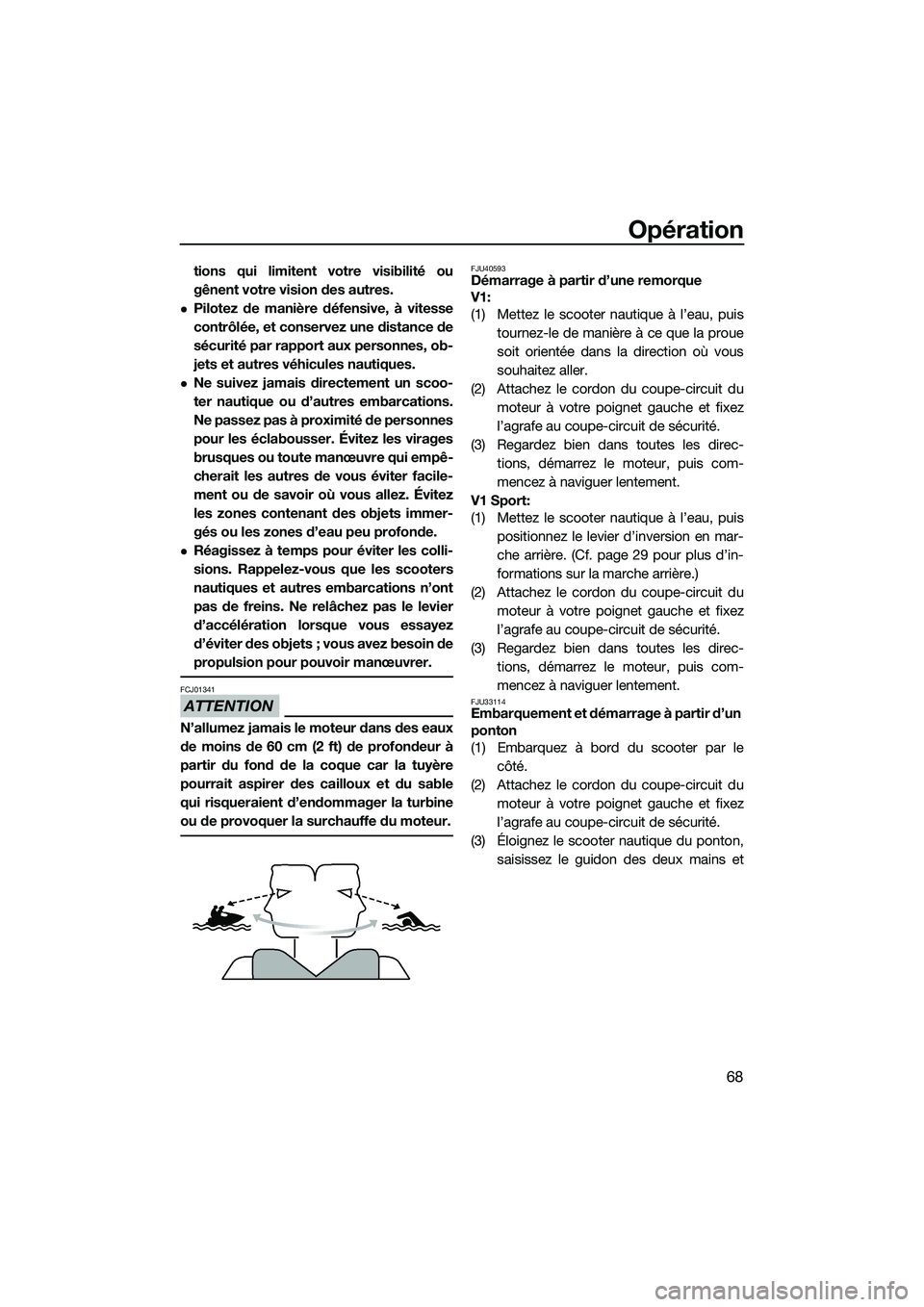 YAMAHA V1 2015  Notices Demploi (in French) Opération
68
tions qui limitent votre visibilité ou
gênent votre vision des autres.
Pilotez de manière défensive, à vitesse
contrôlée, et conservez une distance de
sécurité par rapport au