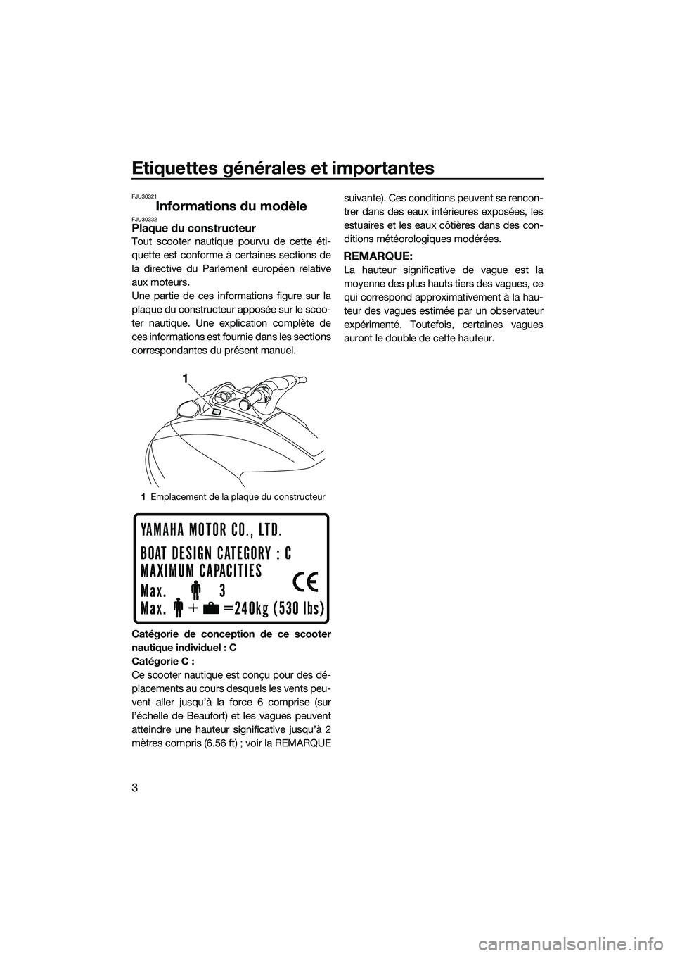 YAMAHA V1 SPORT 2015  Notices Demploi (in French) Etiquettes générales et importantes
3
FJU30321
Informations du modèleFJU30332Plaque du constructeur
Tout scooter nautique pourvu de cette éti-
quette est conforme à certaines sections de
la direc