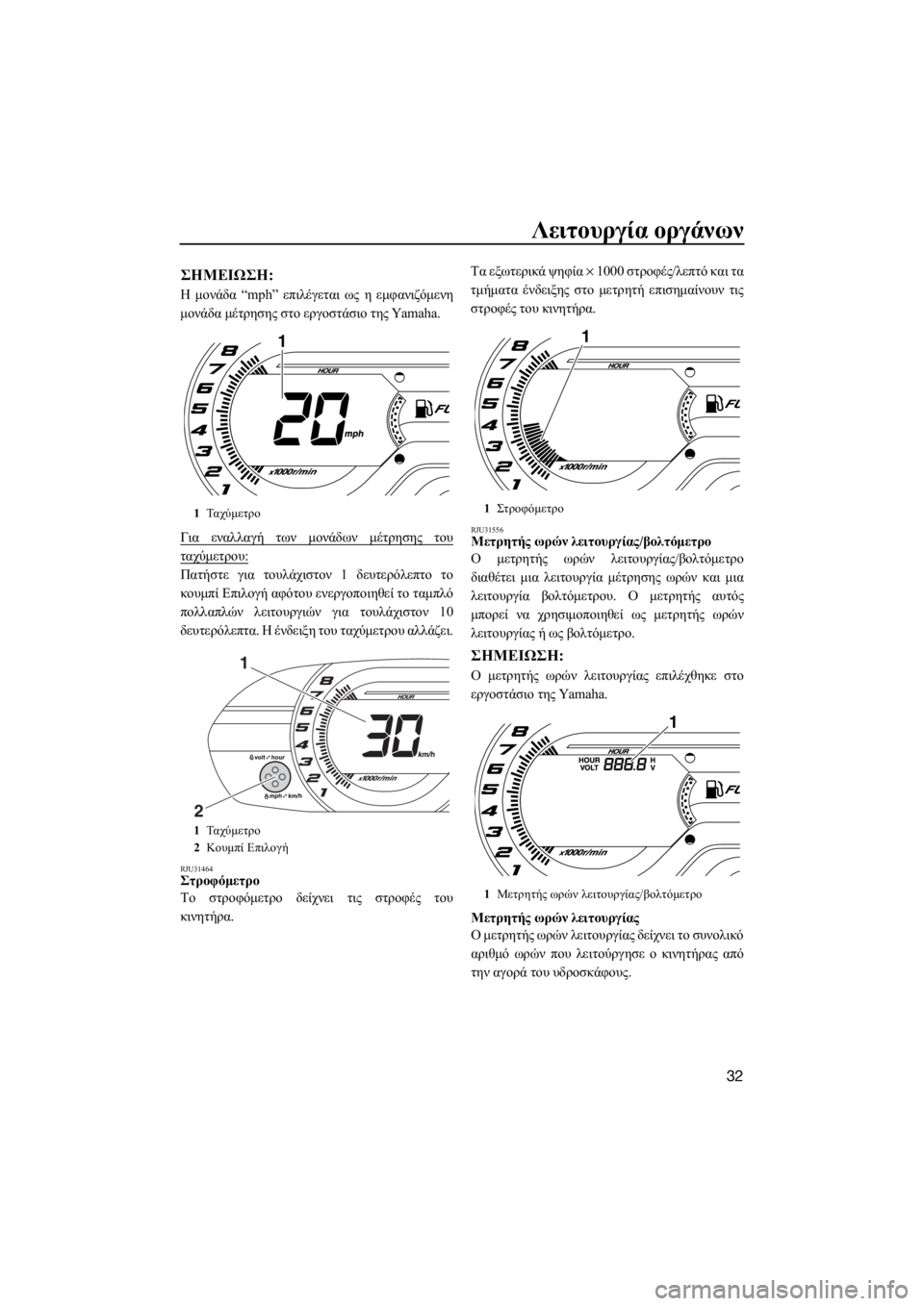 YAMAHA V1 SPORT 2015  ΟΔΗΓΌΣ ΧΡΉΣΗΣ (in Greek) Λειτουργία οργάνων
32
ΣΗMΕΙΩΣΗ:
Η μονάδα “mph” επιλέγεται ως η εμφανιζόμενη
μονάδα μέτρησης στο εργοστάσιο τη�