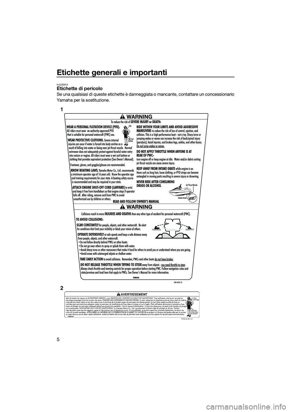 YAMAHA V1 SPORT 2015 Manuale duso (in Italian) Etichette generali e importanti
5
HJU35914Etichette di pericolo
Se una qualsiasi di queste etichette è danneggiata o mancante, contattare un concessionario
Yamaha per la sostituzione.
1
2
UF2P72H0.bo YAMAHA V1 SPORT 2015 Manuale duso (in Italian) Etichette generali e importanti
5
HJU35914Etichette di pericolo
Se una qualsiasi di queste etichette è danneggiata o mancante, contattare un concessionario
Yamaha per la sostituzione.
1
2
UF2P72H0.bo