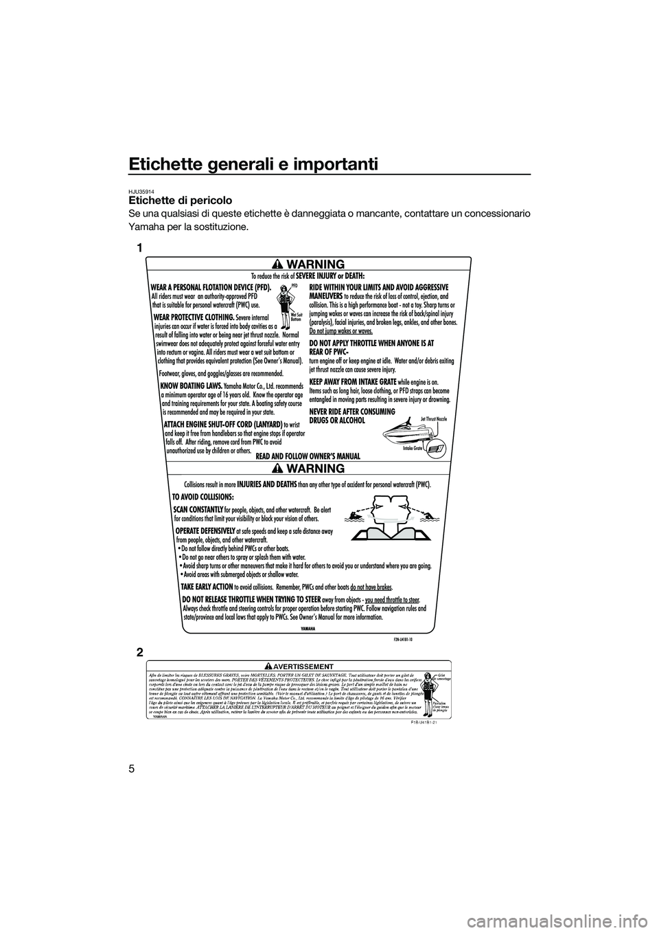 YAMAHA V1 SPORT 2015  Manuale duso (in Italian) Etichette generali e importanti
5
HJU35914Etichette di pericolo
Se una qualsiasi di queste etichette è danneggiata o mancante, contattare un concessionario
Yamaha per la sostituzione.
1
2
UF2P72H0.bo