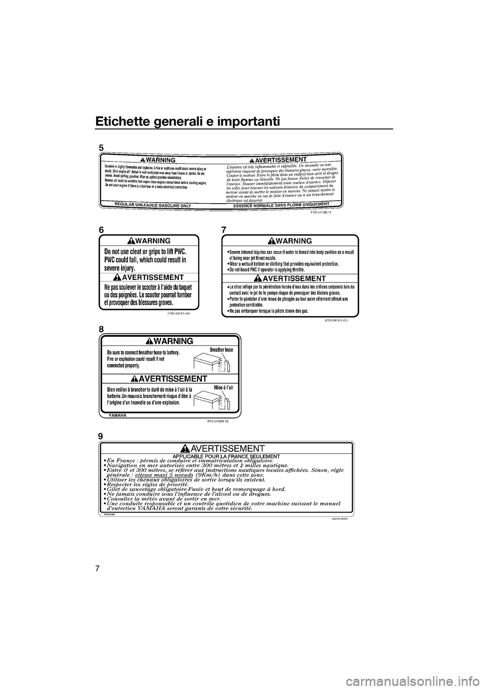 YAMAHA V1 SPORT 2015 Manuale duso (in Italian) Etichette generali e importanti
7
UF2P72H0.book Page 7 Tuesday, August 19, 2014 10:26 AM YAMAHA V1 SPORT 2015 Manuale duso (in Italian) Etichette generali e importanti
7
UF2P72H0.book Page 7 Tuesday, August 19, 2014 10:26 AM