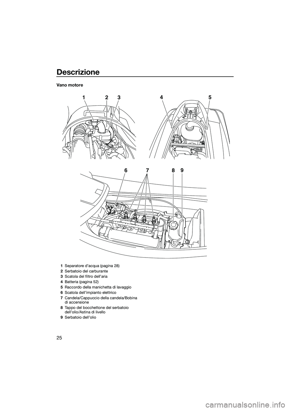 YAMAHA V1 SPORT 2015 Manuale duso (in Italian) Descrizione
25
Vano motore
67 89
12
345
1Separatore d’acqua (pagina 28)
2 Serbatoio del carburante
3 Scatola del filtro dell’aria
4 Batteria (pagina 52)
5 Raccordo della manichetta di lavaggio
6 S YAMAHA V1 SPORT 2015 Manuale duso (in Italian) Descrizione
25
Vano motore
67 89
12
345
1Separatore d’acqua (pagina 28)
2 Serbatoio del carburante
3 Scatola del filtro dell’aria
4 Batteria (pagina 52)
5 Raccordo della manichetta di lavaggio
6 S
