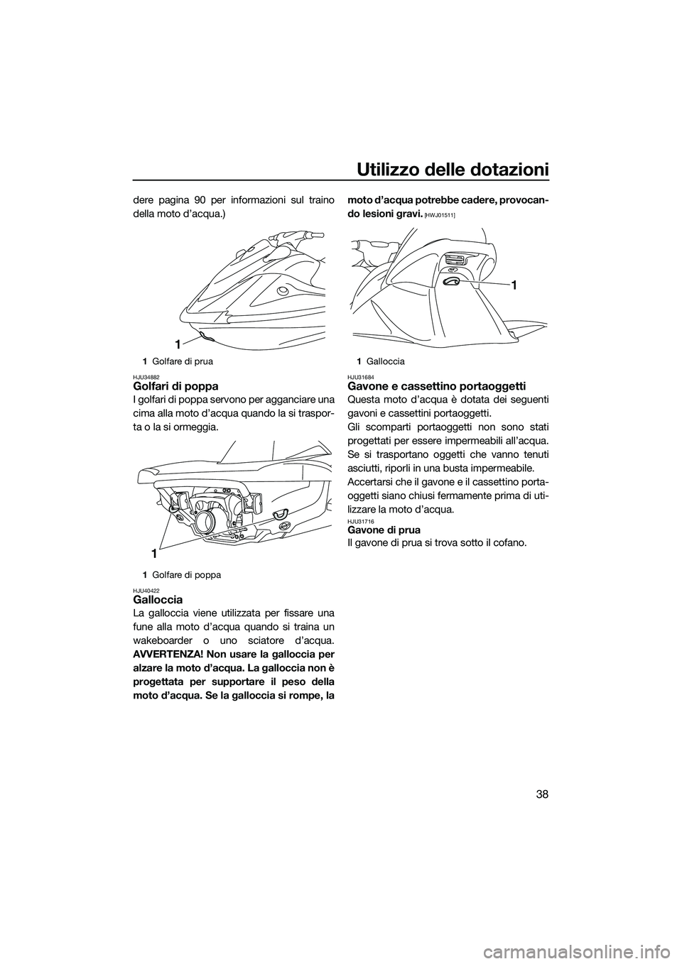 YAMAHA V1 2015  Manuale duso (in Italian) Utilizzo delle dotazioni
38
dere pagina 90 per informazioni sul traino
della moto d’acqua.)
HJU34882Golfari di poppa
I golfari di poppa servono per agganciare una
cima alla moto d’acqua quando la 