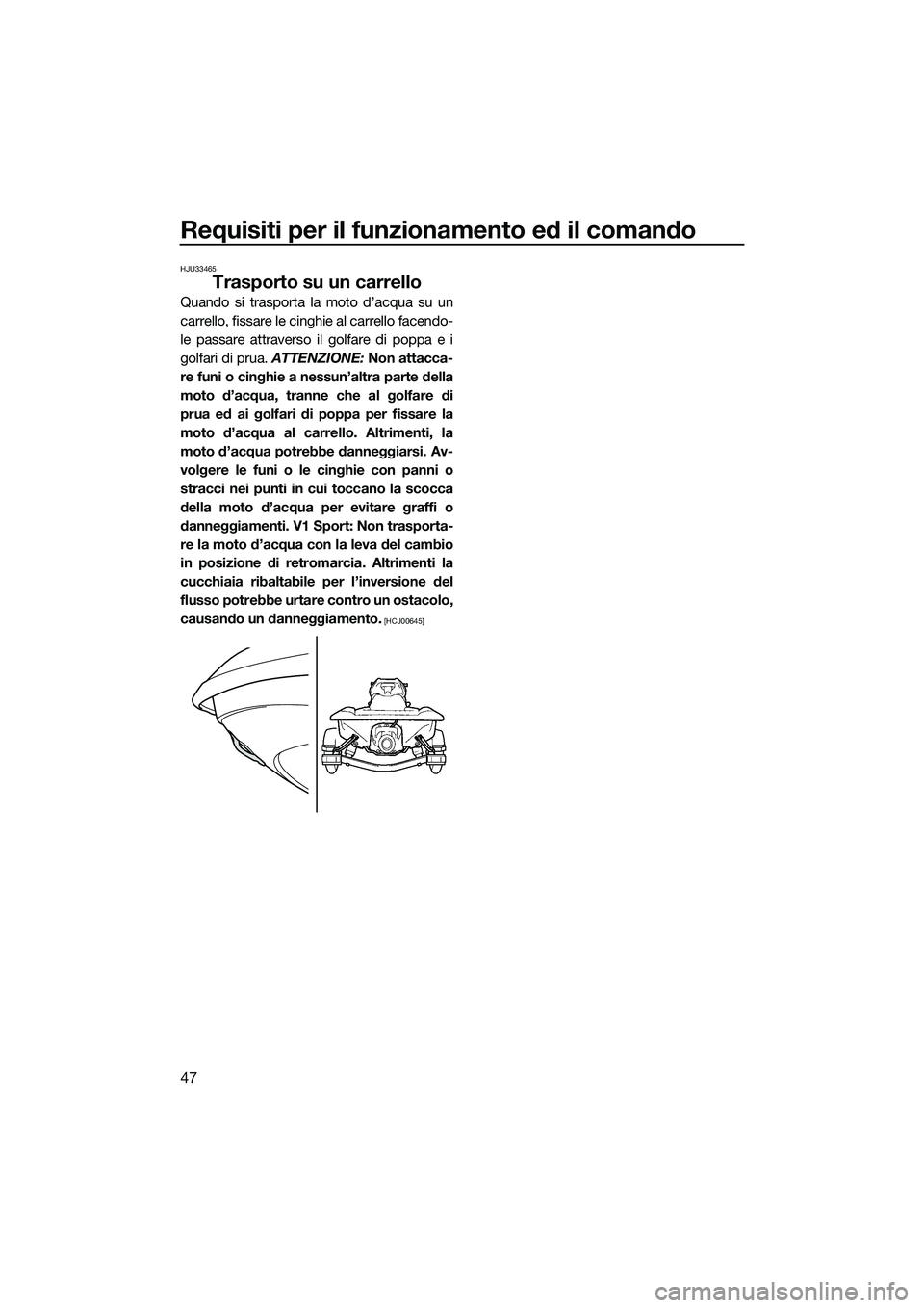 YAMAHA V1 2015 Manuale duso (in Italian) Requisiti per il funzionamento ed il comando
47
HJU33465
Trasporto su un carrello
Quando si trasporta la moto d’acqua su un
carrello, fissare le cinghie al carrello facendo-
le passare attraverso il YAMAHA V1 2015 Manuale duso (in Italian) Requisiti per il funzionamento ed il comando
47
HJU33465
Trasporto su un carrello
Quando si trasporta la moto d’acqua su un
carrello, fissare le cinghie al carrello facendo-
le passare attraverso il