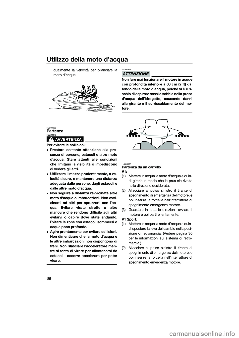 YAMAHA V1 2015  Manuale duso (in Italian) Utilizzo della moto d’acqua
69
dualmente la velocità per bilanciare la
moto d’acqua.
HJU33083Partenza
AVVERTENZA
HWJ00712
Per evitare le collisioni:
Prestare costante attenzione alla pre-
senz