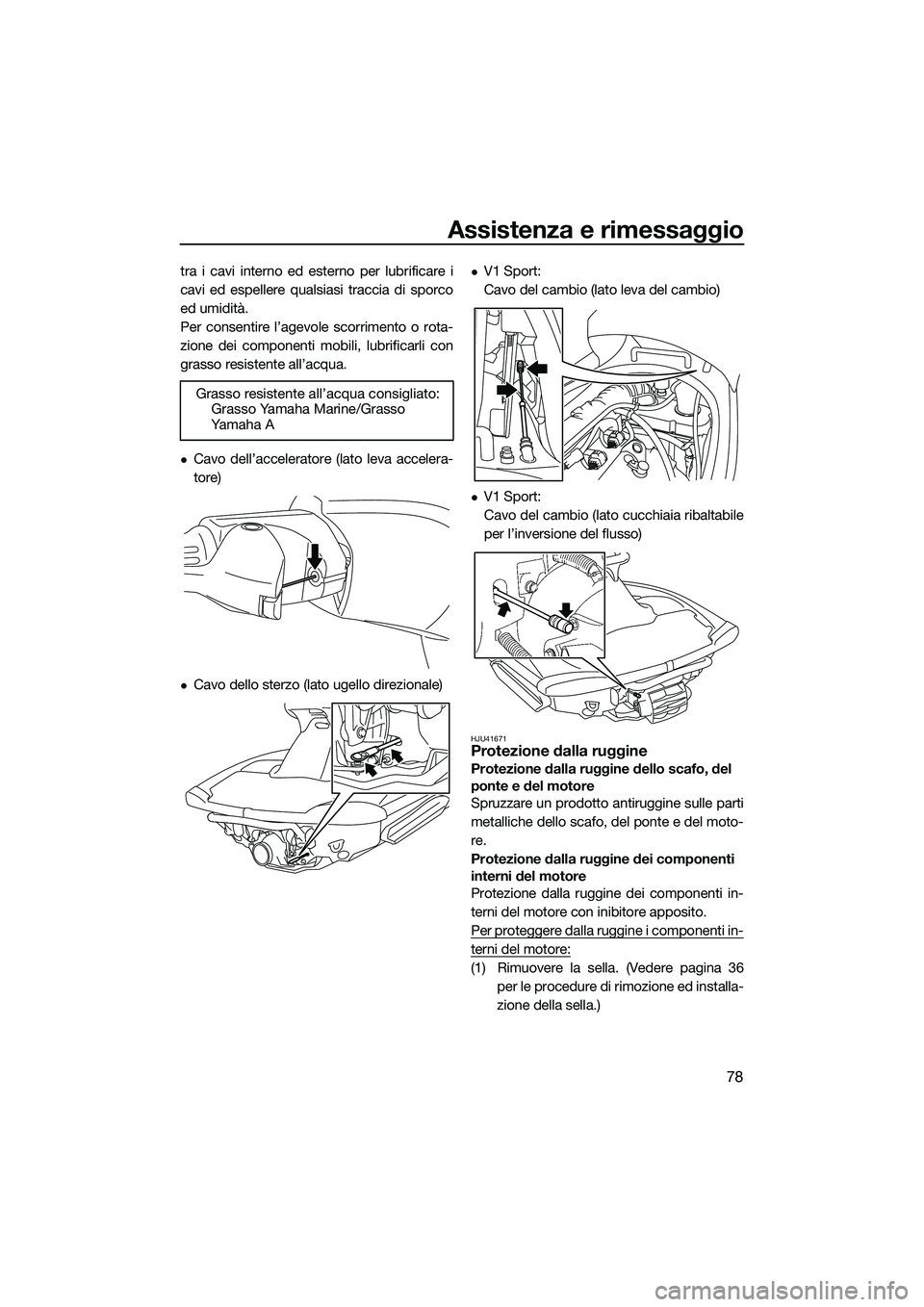 YAMAHA V1 2015  Manuale duso (in Italian) Assistenza e rimessaggio
78
tra i cavi interno ed esterno per lubrificare i
cavi ed espellere qualsiasi traccia di sporco
ed umidità.
Per consentire l’agevole scorrimento o rota-
zione dei componen