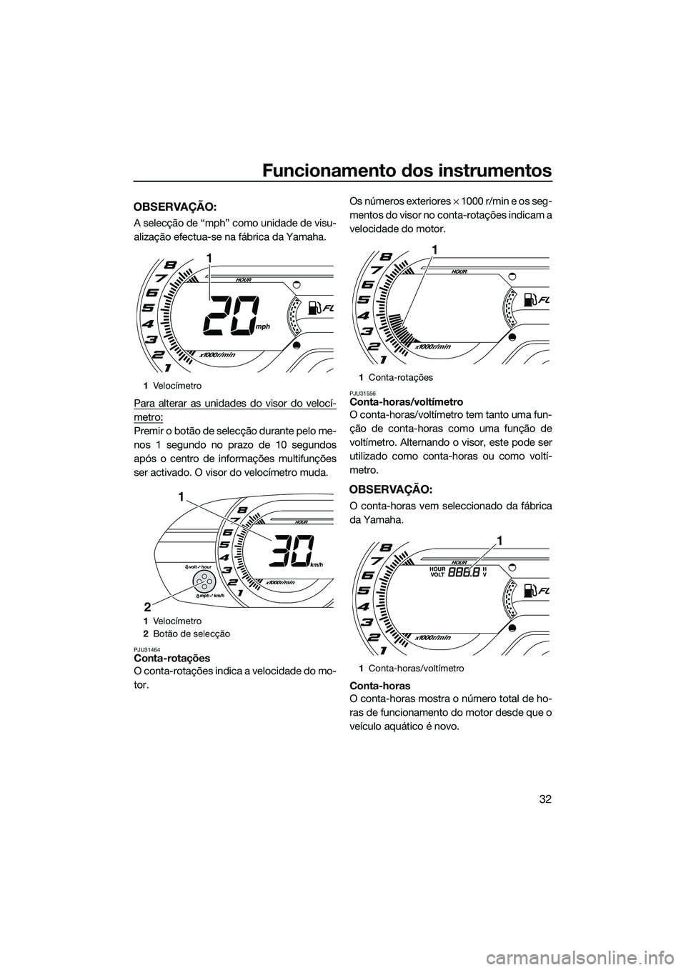 YAMAHA V1 2015  Manual de utilização (in Portuguese) Funcionamento dos instrumentos
32
OBSERVAÇÃO:
A selecção de “mph” como unidade de visu-
alização efectua-se na fábrica da Yamaha.
Para alterar as unidades do visor do velocí-
metro:
Premir