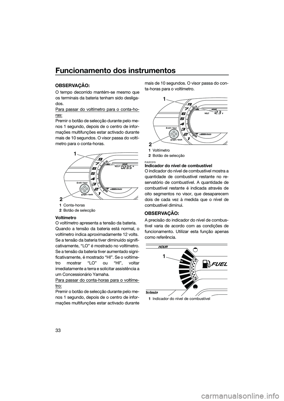 YAMAHA V1 2015  Manual de utilização (in Portuguese) Funcionamento dos instrumentos
33
OBSERVAÇÃO:
O tempo decorrido mantém-se mesmo que
os terminais da bateria tenham sido desliga-
dos.
Para passar do voltímetro para o conta-ho-
ras:
Premir o botã