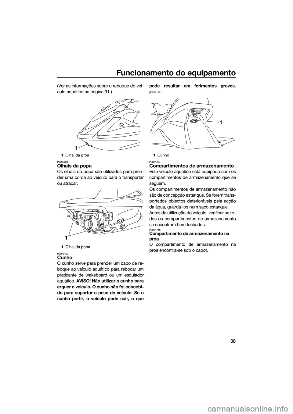 YAMAHA V1 SPORT 2015  Manual de utilização (in Portuguese) Funcionamento do equipamento
38
(Ver as informações sobre o reboque do veí-
culo aquático na página 91.)
PJU34882Olhais da popa
Os olhais da popa são utilizados para pren-
der uma corda ao veíc