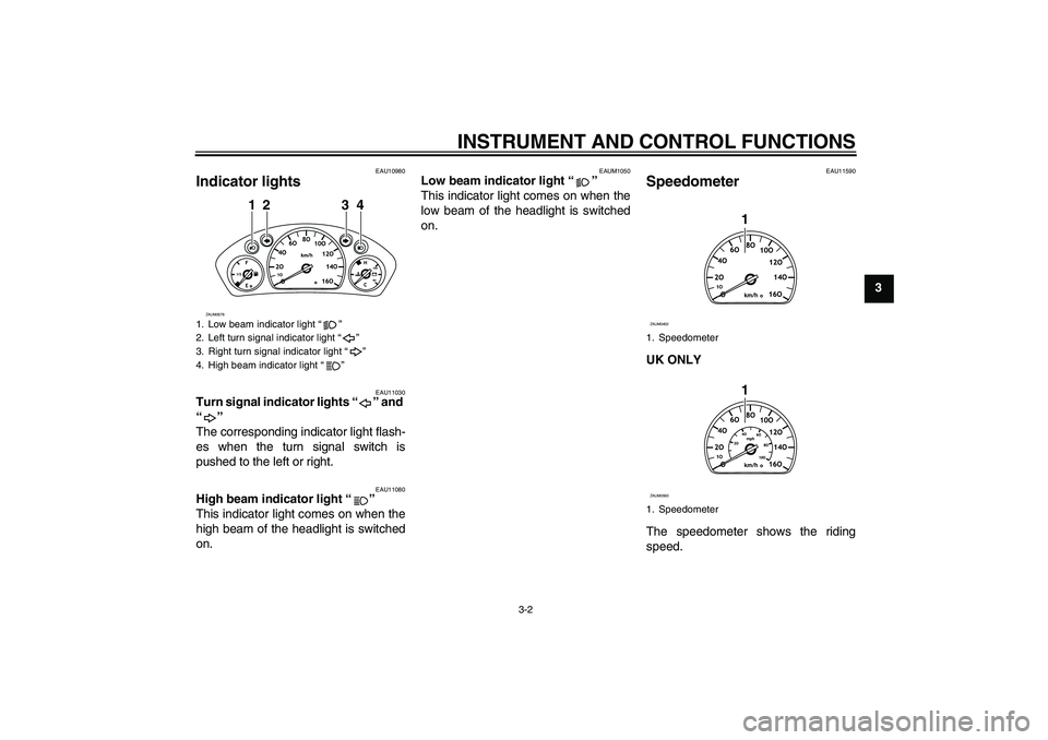 YAMAHA VERSITY 300 2005  Owners Manual INSTRUMENT AND CONTROL FUNCTIONS
3-2
3
EAU10980
Indicator lights 
EAU11030
Turn signal indicator lights “ ” and 
“” 
The corresponding indicator light flash-
es when the turn signal switch is
