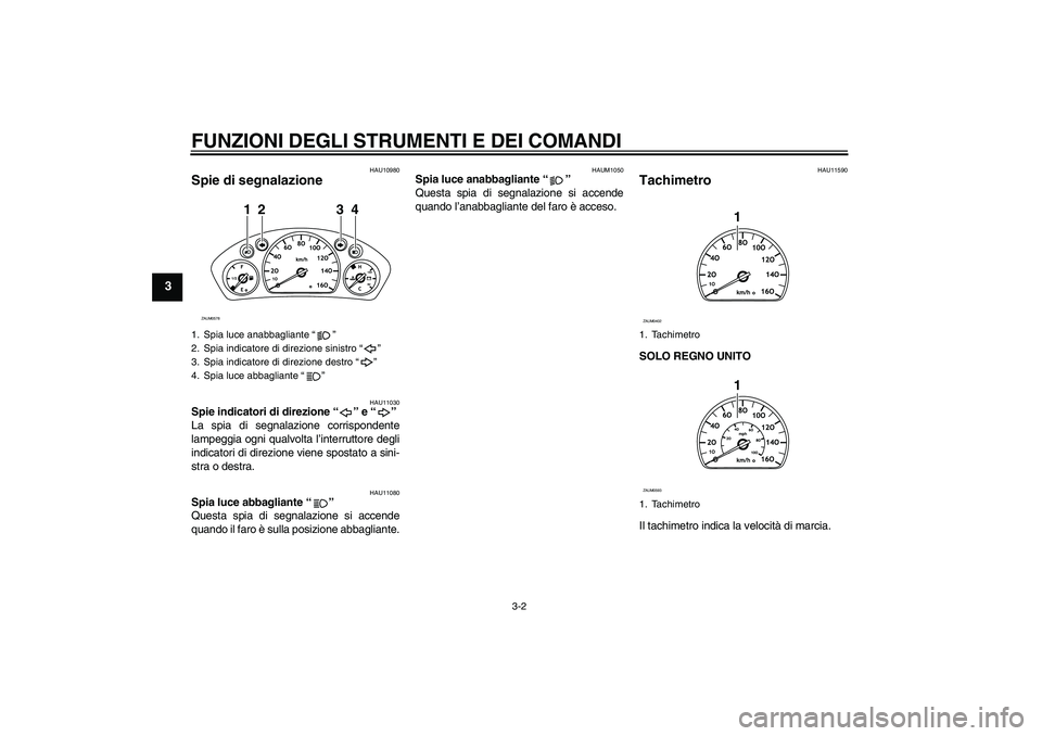 YAMAHA VERSITY 300 2006  Manuale duso (in Italian) FUNZIONI DEGLI STRUMENTI E DEI COMANDI
3-2
3
HAU10980
Spie di segnalazione 
HAU11030
Spie indicatori di direzione “ ” e “ ” 
La spia di segnalazione corrispondente
lampeggia ogni qualvolta l